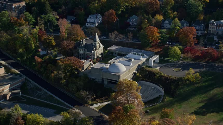 Aerial view of a residential neighborhood with extensive vegetation
