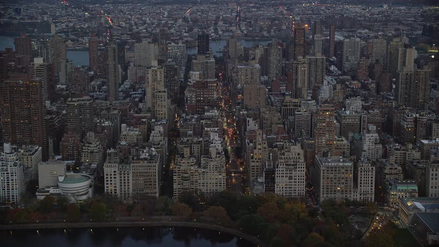 Aerial of the city center with skyscrapers at dusk