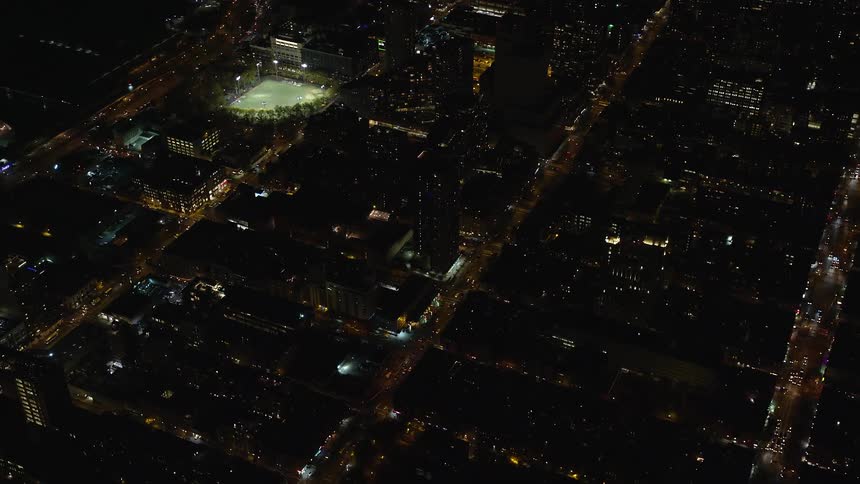 A night aerial view of a metropolitan community