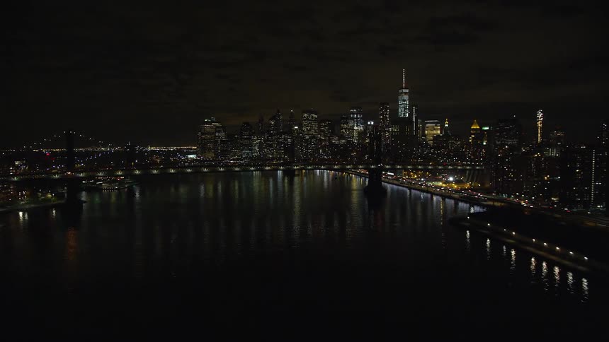 Aerial panorama of a nighttime metropolis by the seaside with a bridge over the sea