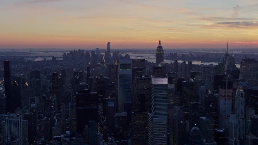 Aerial of new york city at sunset
