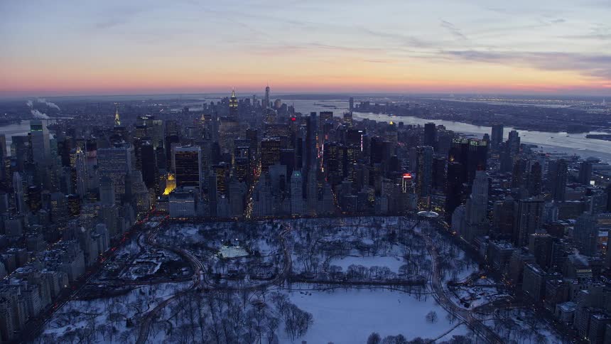 Aerial of central park during winter at sunset