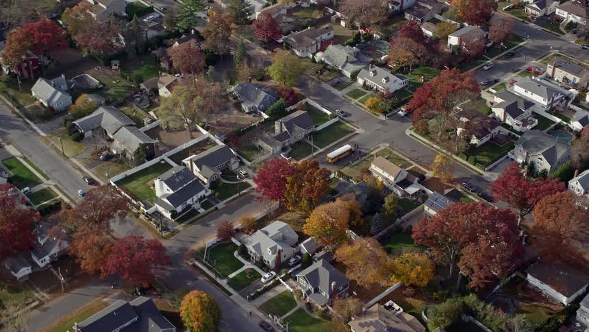 Aerial view suburban neighborhood in fall