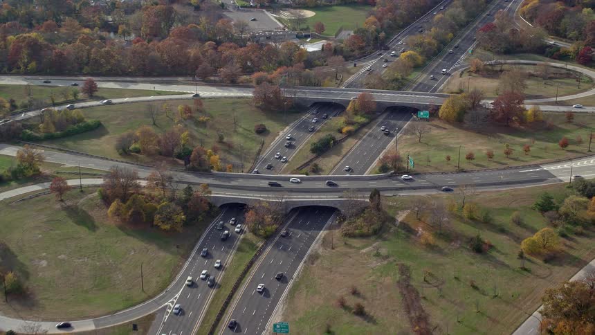 Aerial view of a highway in the midst of an urban city