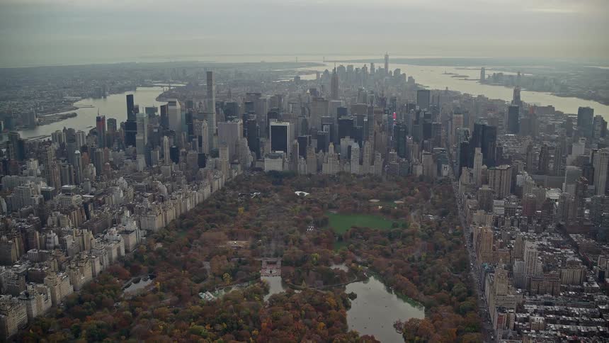 Aerial of central park in new york city during sunset