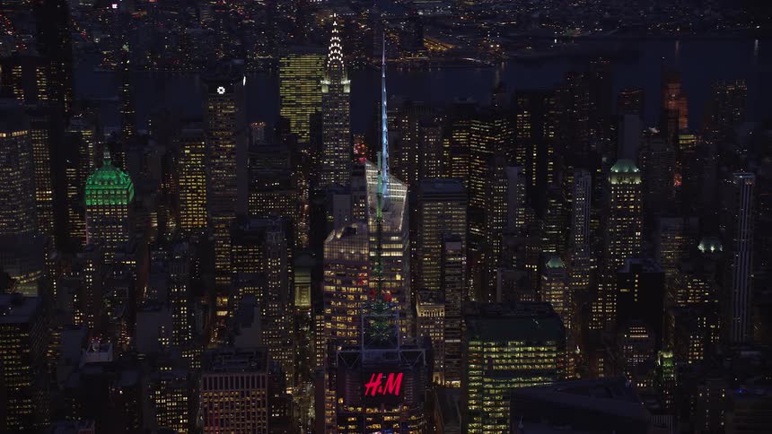 Aerial of skyscrapers in new york city at night