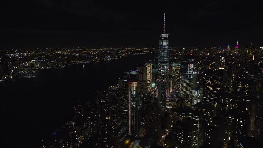 Aerial view of the new york city skyline at night