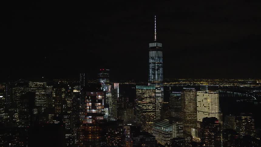 Aerial architecture of illuminated skyscrapers in a metropolis at night