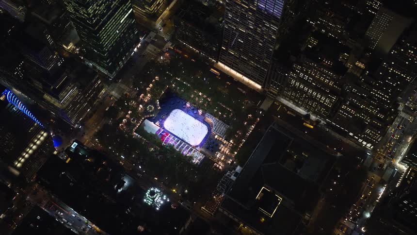 Aerial view of a skating rink in new york city at night