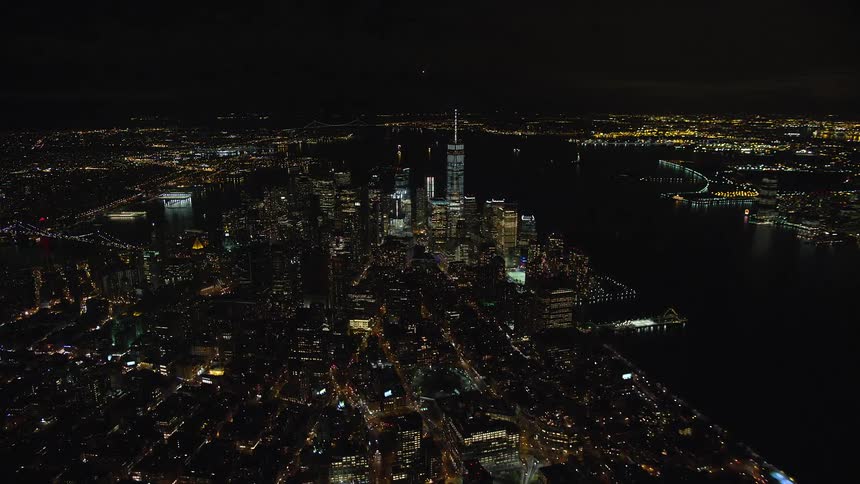 Skyline of a city with illuminated buildings at night near the sea