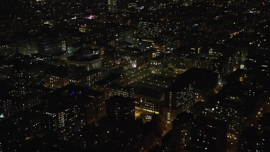 Aerial view of a metropolitan city with a central museum at night
