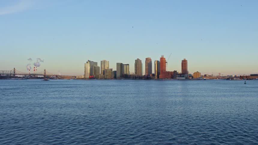 Aerial view of the new york city skyline at sunset