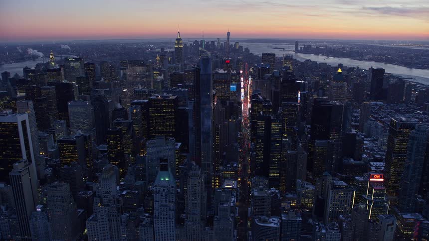 Aerial view of the new york city skyline at sunset