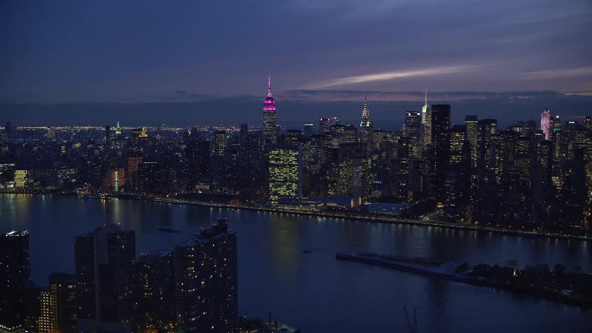 Aerial panorama of a metropolis with skyscrapers by the sea against a purple sky
