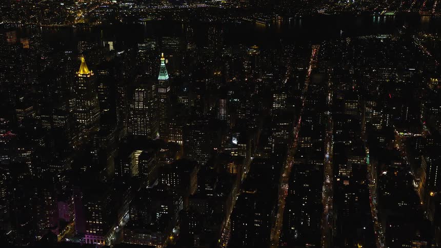 Aerial view of the new york city skyline at night