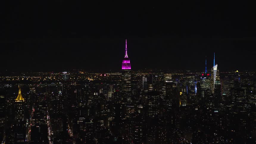 Aerial view of a metropolis at night with skyscrapers by the seaside