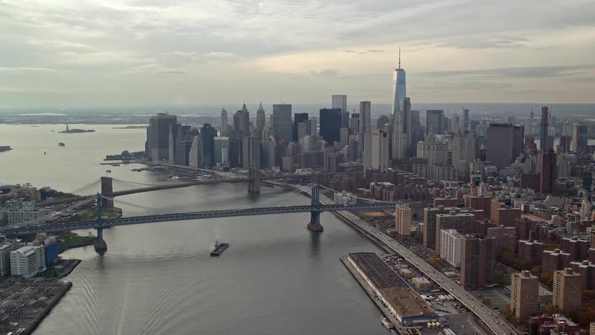 Aerial view of new york city bridges and skyline during the day