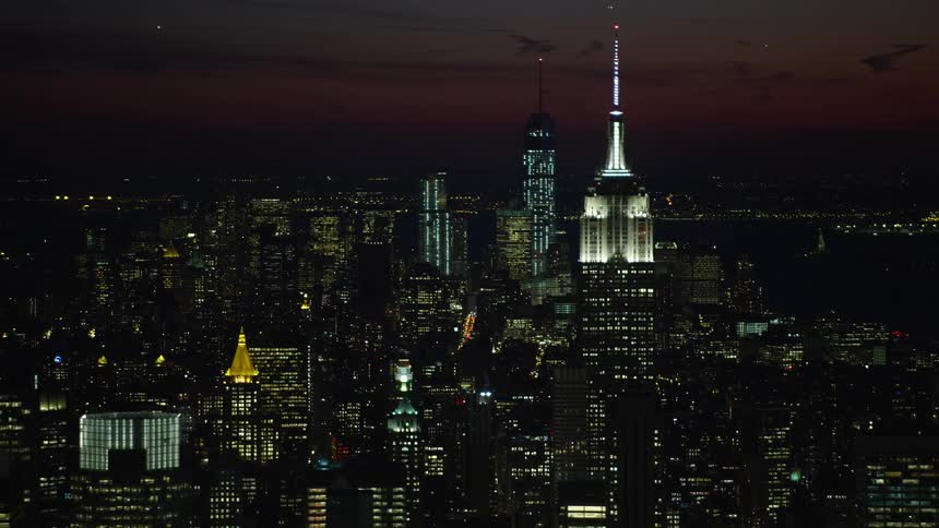 Aerial view of the new york city skyline at night