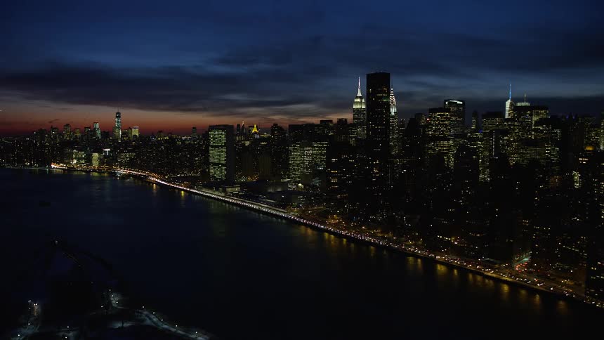 Aerial view of the new york city skyline at evening