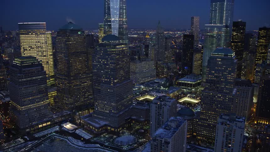 Aerial view of the new york city skyline at evening