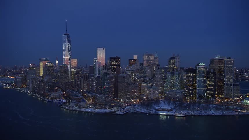 Aerial of manhattan island with snow during dusk