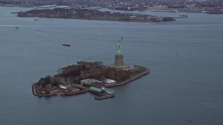 Aerial of the statue of liberty on liberty island in new york