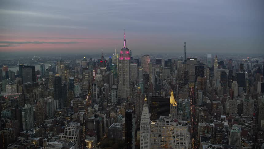 Aerial panorama of skyscrapers by the sea with a purple evening sky