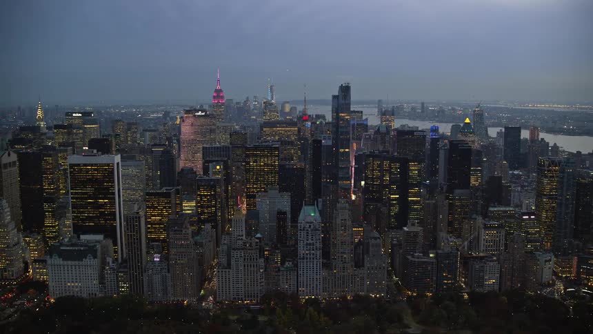 Aerial view of the new york city skyline on an overcast day