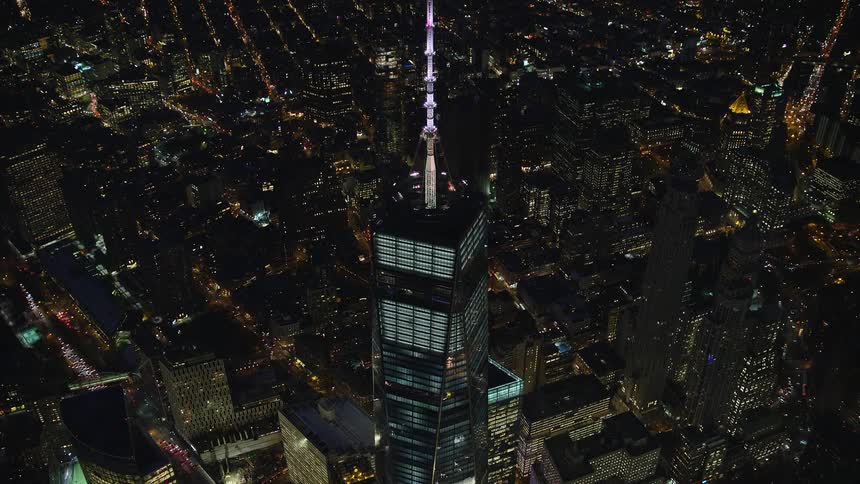 Aerial view of one world trade center at night