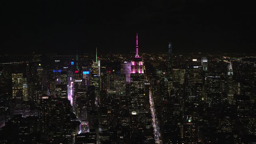 Aerial view of new york city skyline at night