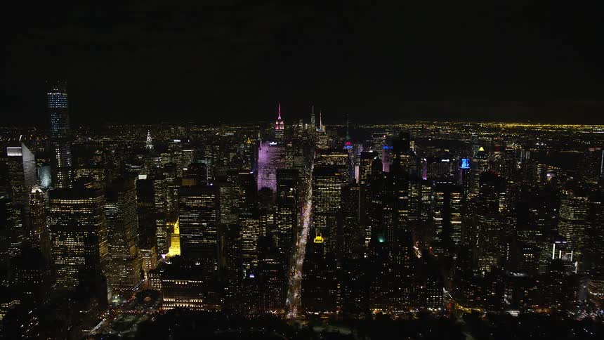 City skyline of a metropolitan area at night