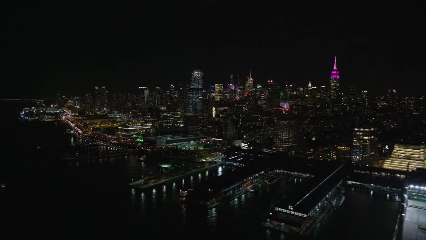 Aerial view of the new york city skyline at night