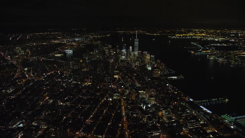 Aerial of buildings in new york city at night
