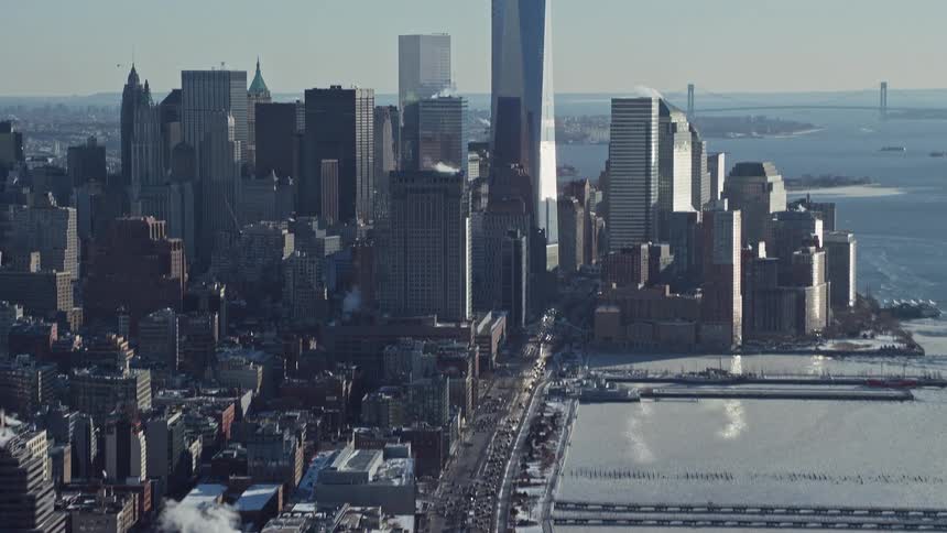 Aerial view of the skyline of new york city at winter