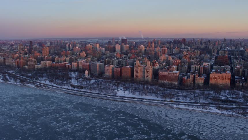 Aerial view of the new york city skyline at evening