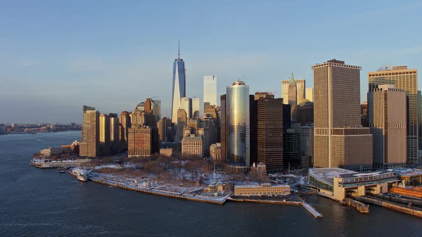 Aerial view of the skyline of new york city at evening