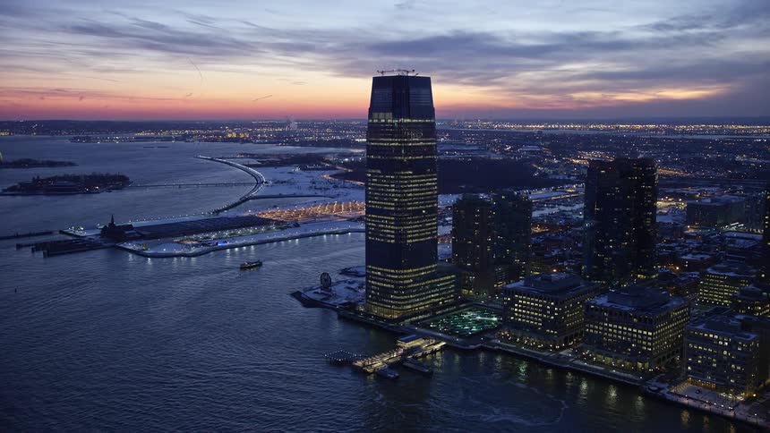 Aerial view of a skyscraper next to the coast in the new york city skyline