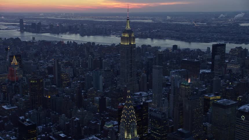 Aerial of the empire state building at dusk