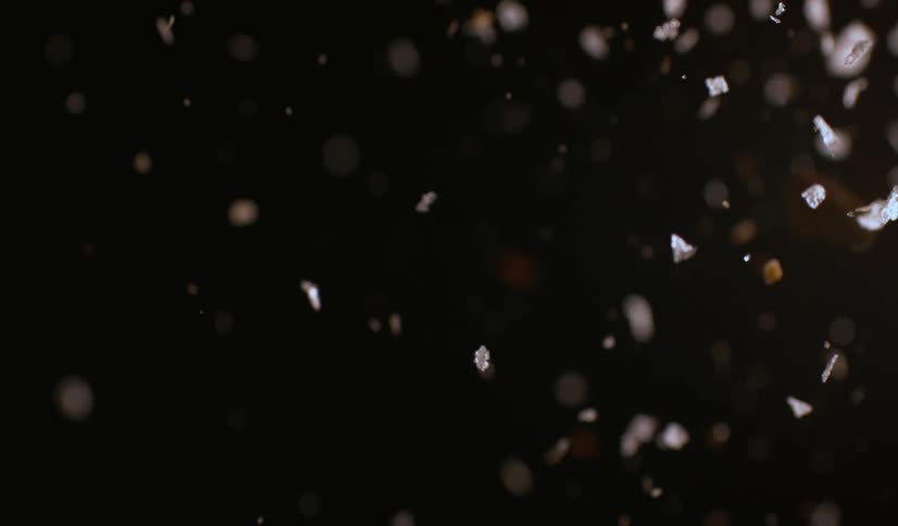 Cacao beans and flakes fly up against a black background