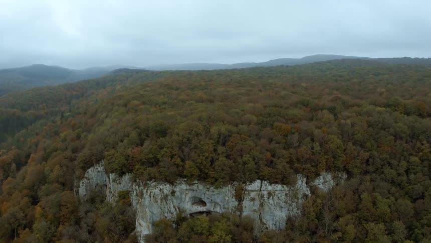 Aerial view of a forest beneath mountains under a cloudy sky