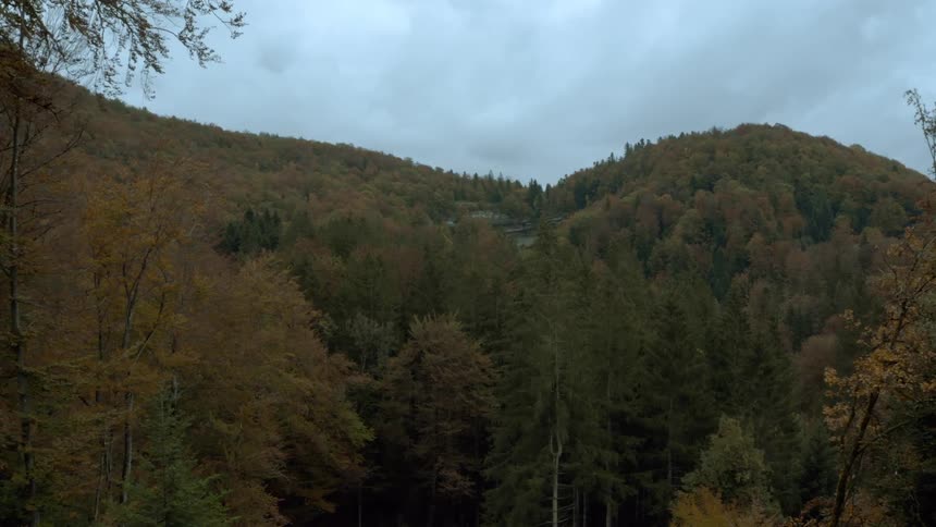 Panorama of mountains with forests under a cloudy sky