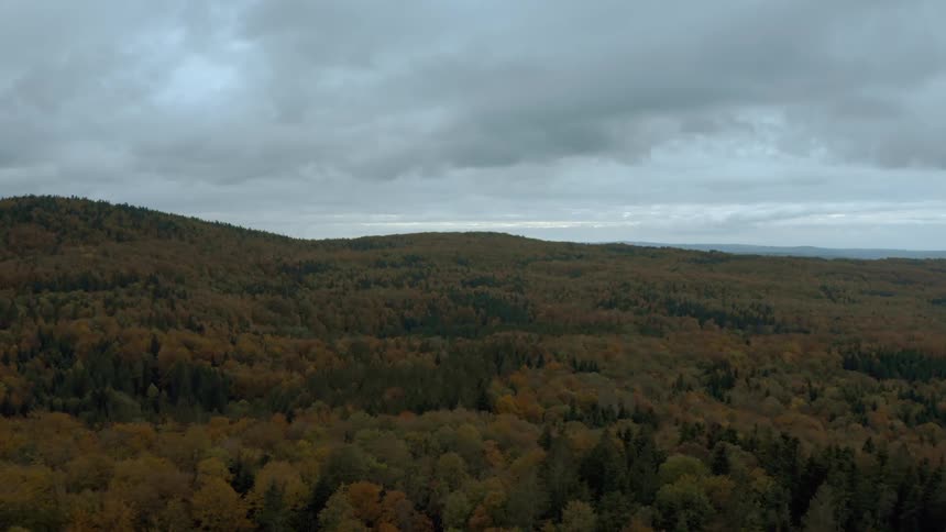 Aerial view of forested mountains with trees in fall colors under a cloudy sky