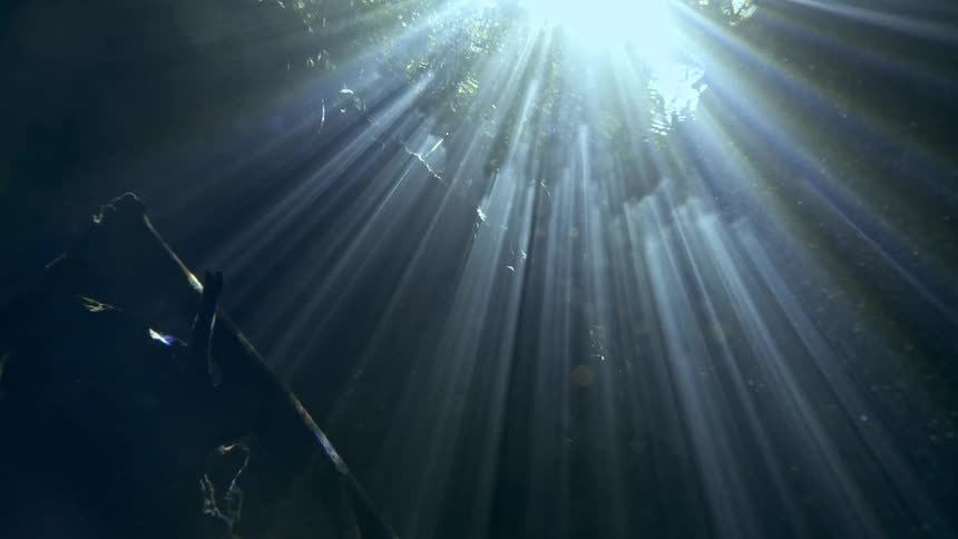 View from inside the sea of a cave with the reflection of sunlight
