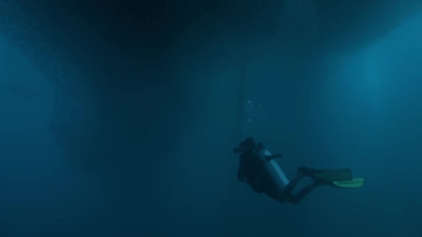 Scuba diver next to a massive shoal of fish
