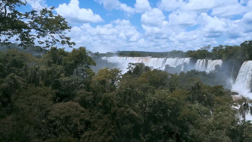 Panorama of a forest and waterfalls in a natural landscape