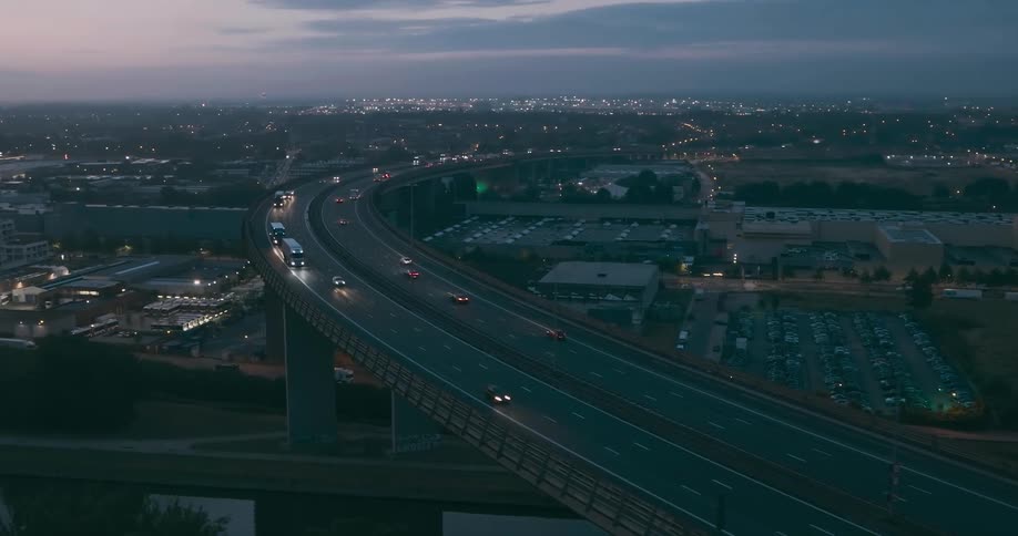 Aerial view of dual carriageway in the evening