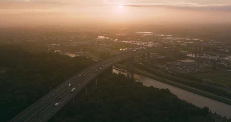 Aerial view of dual carriageway at sunset