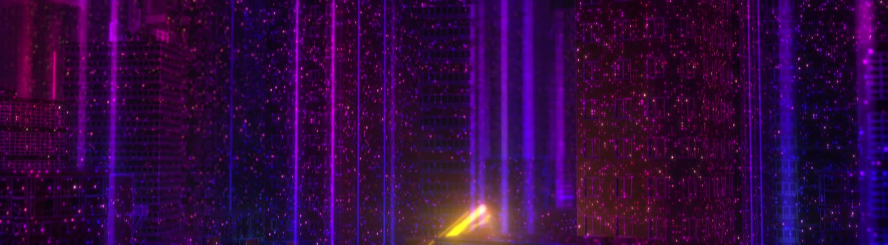 Bright beam of light streaks through digitized downtown skyline at night