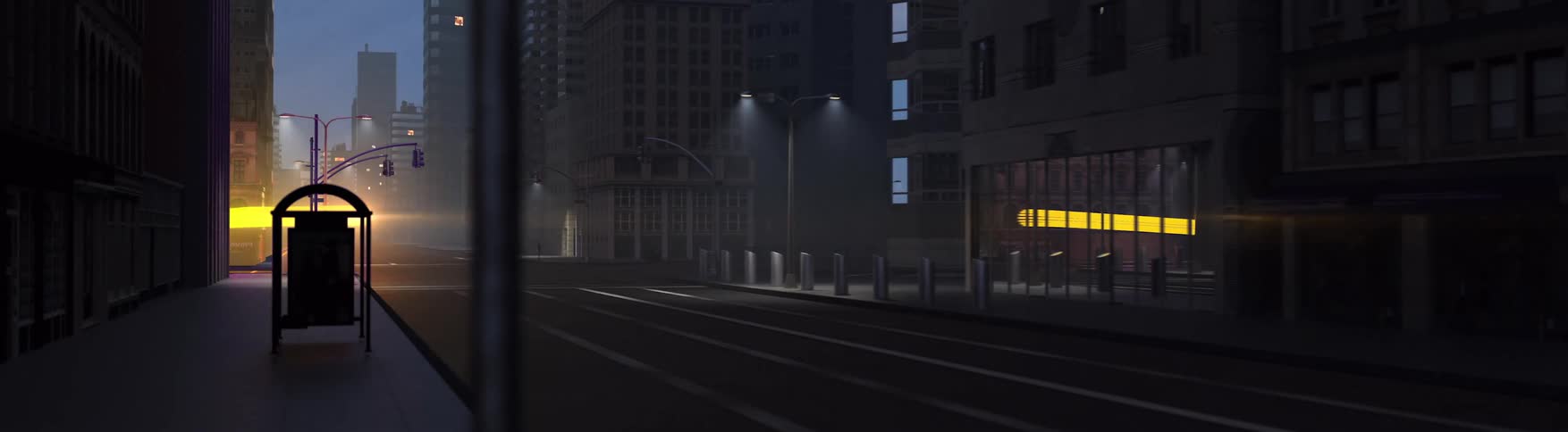 Animation of yellow light beam running through the street of a metropolis at night