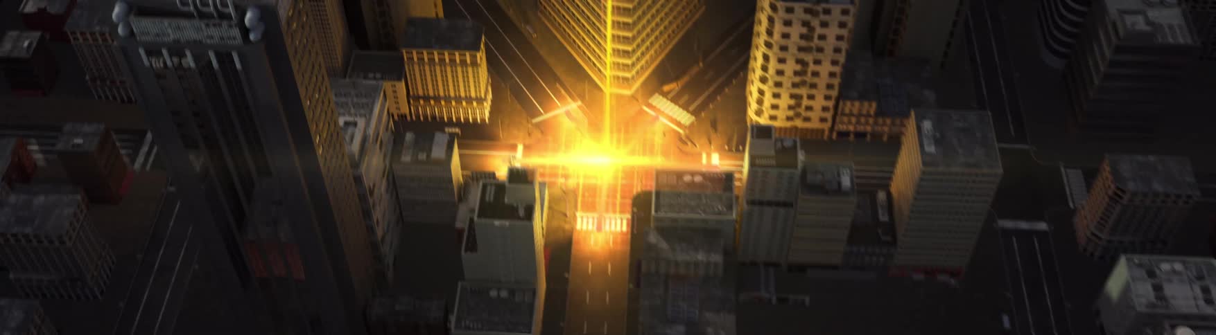 Golden beam impacts in downtown and patterned overlay expands from there over buildings